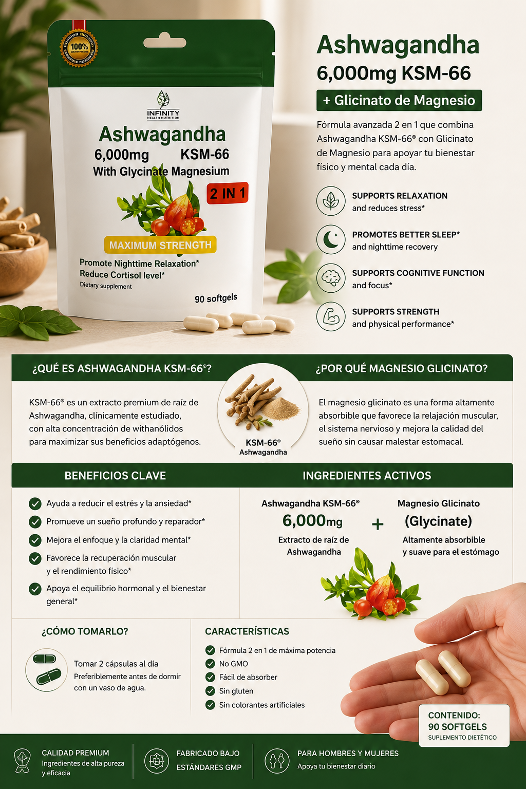 ASHAWAGANDA KSN-66 + GLYCINATO MAGNESIUM, 6000 MG